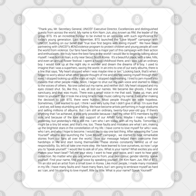 Namjoon's entire UN speech in tiny font Magnet by goldiecloset